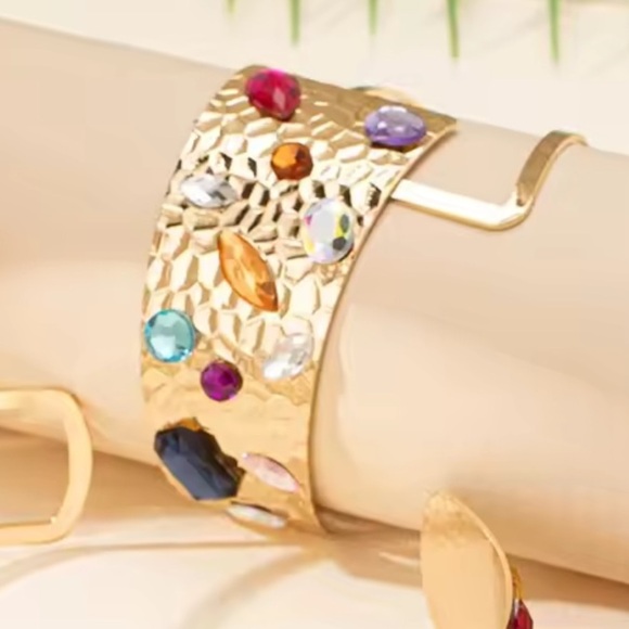 Anthropologie Gold Cuff Bracelet with Multicolor Gems - Picture 7 of 8